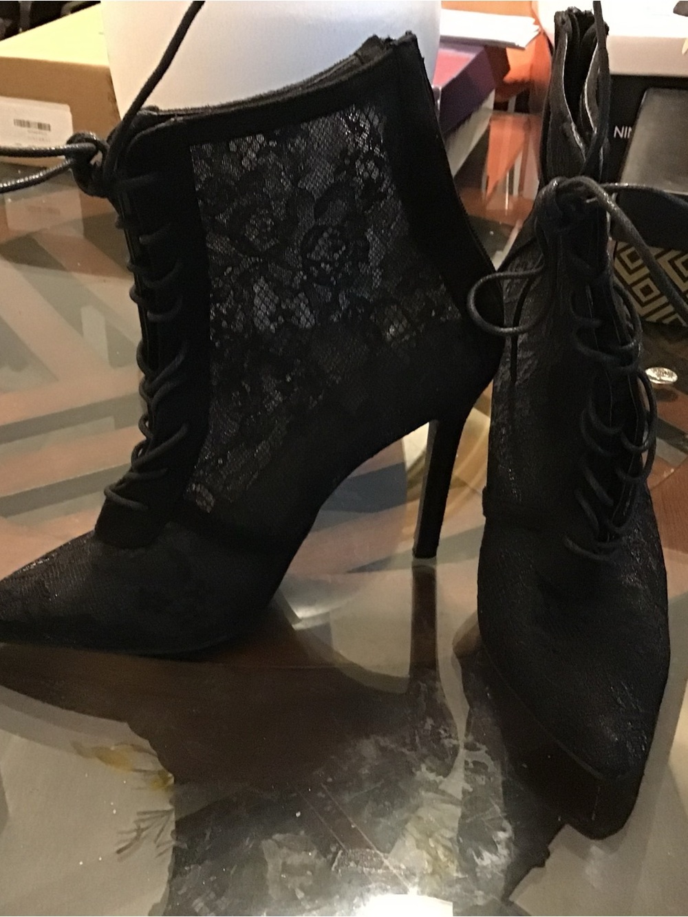 Black Lace Pointed-Toe Stiletto Ankle Boots